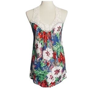 Forever 21 Green Red White Blue Crochet Floral Tank Top Racerback - Size Large